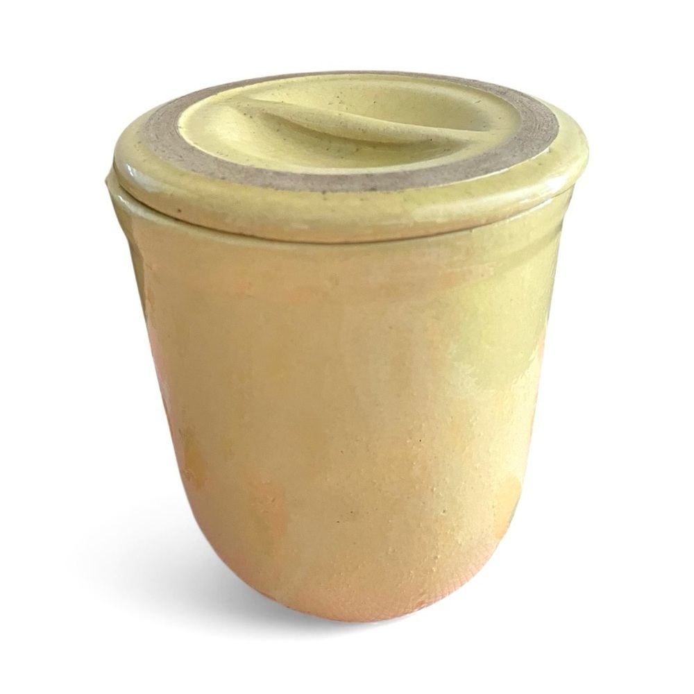 Vintage Yellow Glazed Crock w/Lid, No Handles. Country Farmhouse